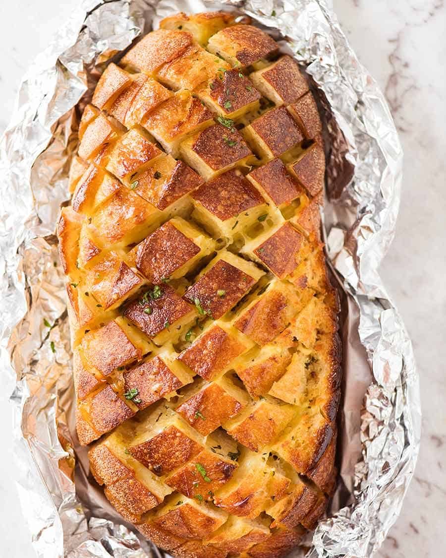 Overhead photo of Cheese and Garlic Crack Bread (Cheesy Garlic Pull Apart Bread) fresh out of the oven