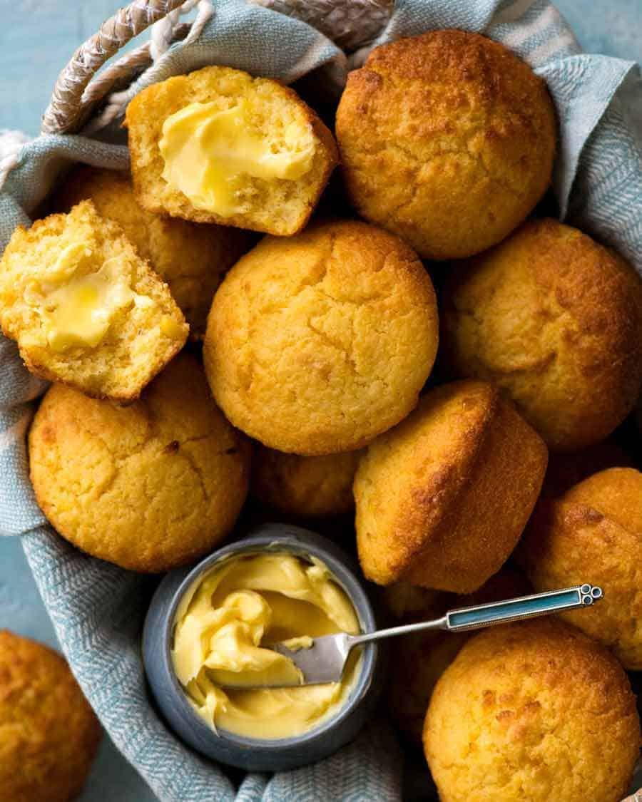 Overhead photo of Cornbread Muffins in a basket