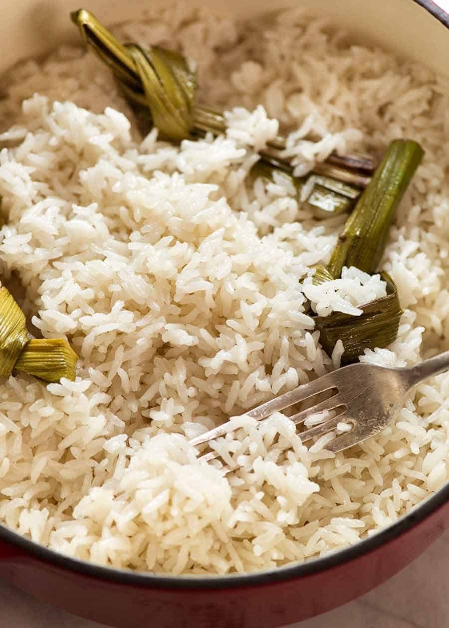 Pot of Thai coconut rice fresh off the stove