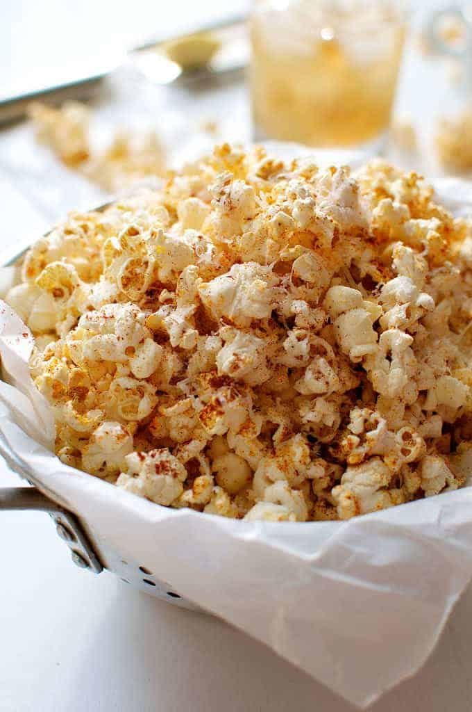 Closeup of Spicy Parmesan Party Popcorn in a bowl