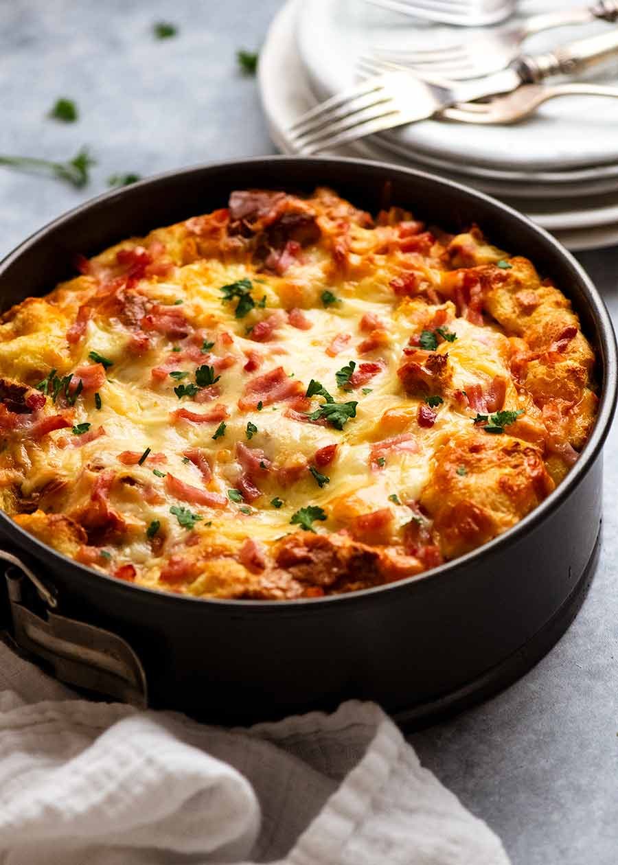 Cheese and Bacon Strata Cake - Breakfast Casserole ready to bake in the oven