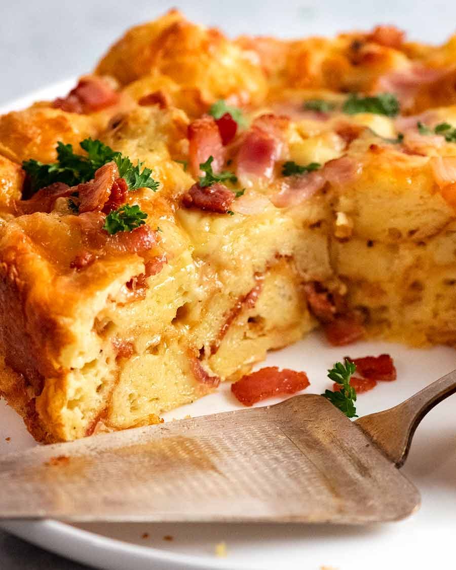 Close up showing inside of Cheese and Bacon Strata Cake - Breakfast Casserole