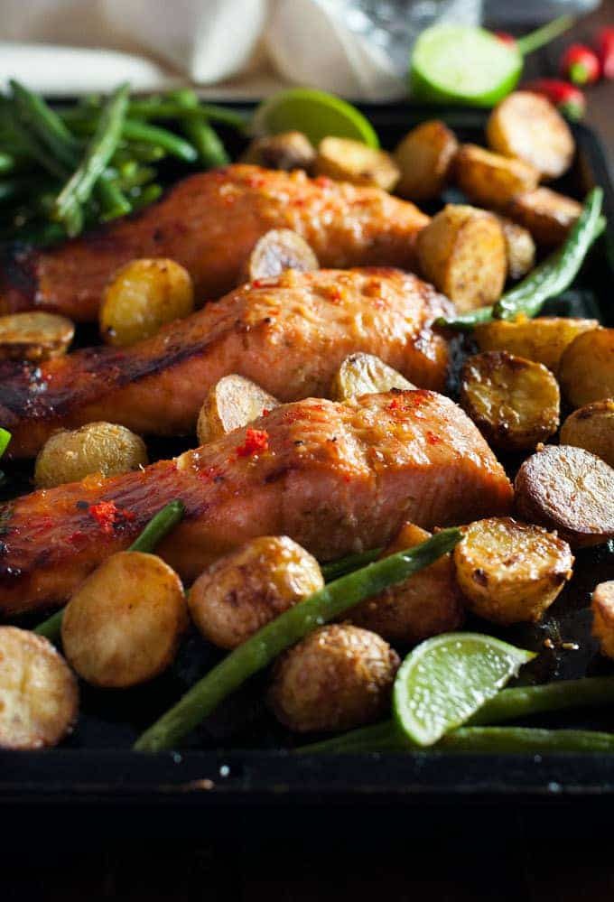Closeup of finished Chili Lime Baked Salmon with Potatoes and Beans (One Tray Meal)