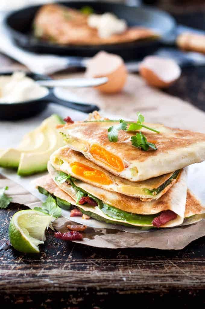 Stack of Egg, Bacon and Avocado Breakfast Quesadillas