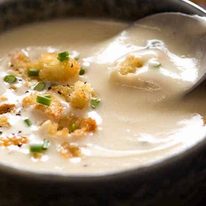 Close up of a thick and creamy Leek and Potato Soup