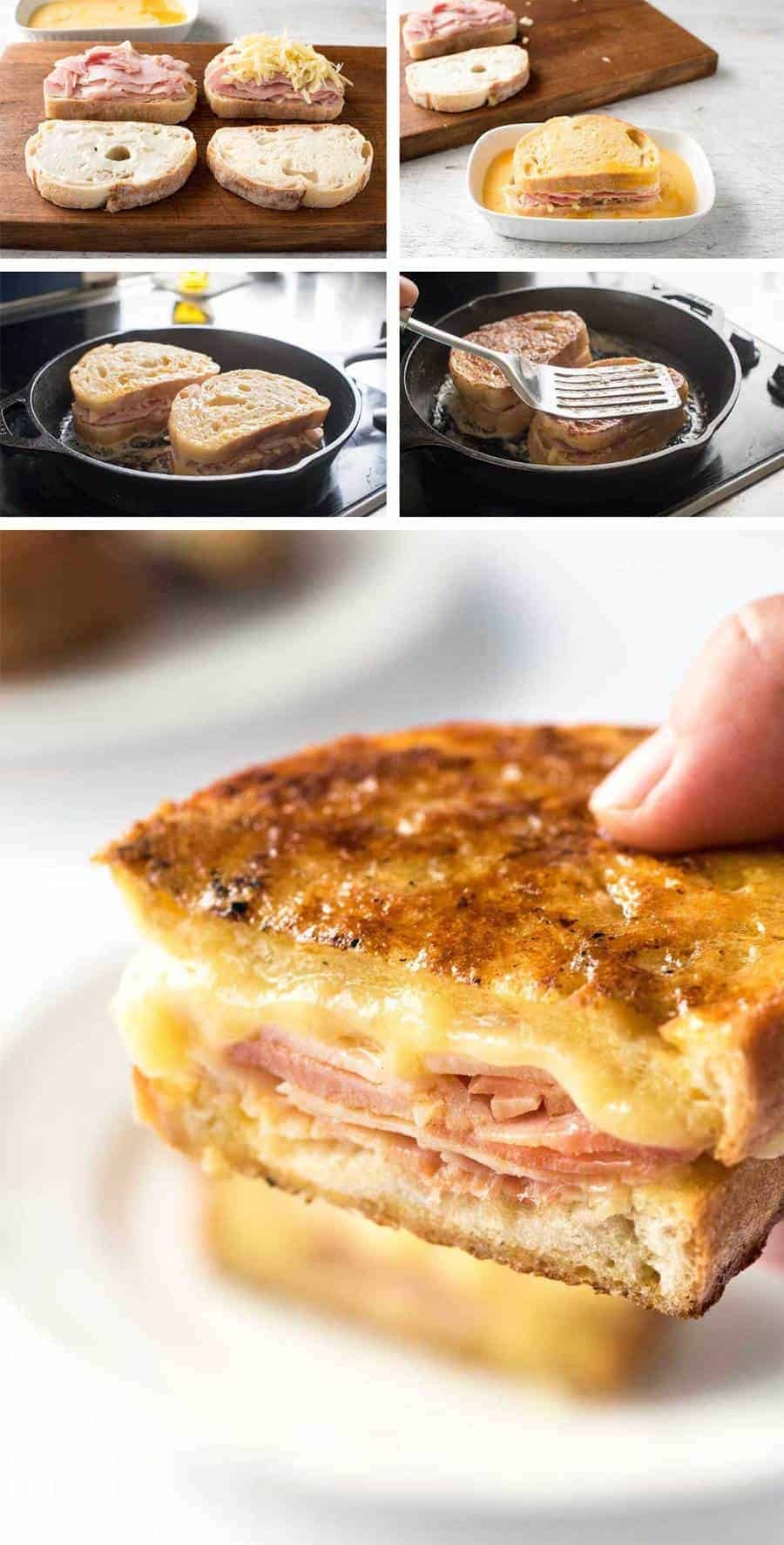 Steps illustrating the preparation of Monte Cristo Sandwich 