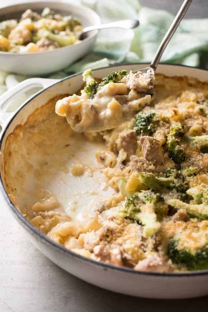 Baked Macaroni and Cheese with Chicken & Broccoli - Made in one pot, cheesy and creamy but made without a drop of cream!