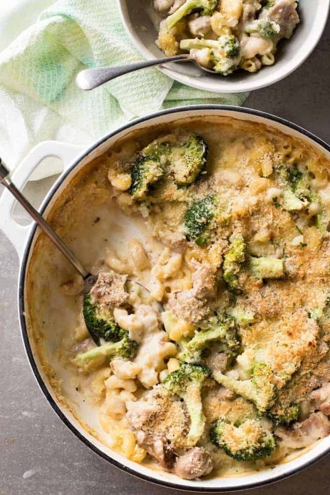 Baked Macaroni and Cheese with Chicken & Broccoli - Made in one pot, cheesy and creamy but made without a drop of cream!