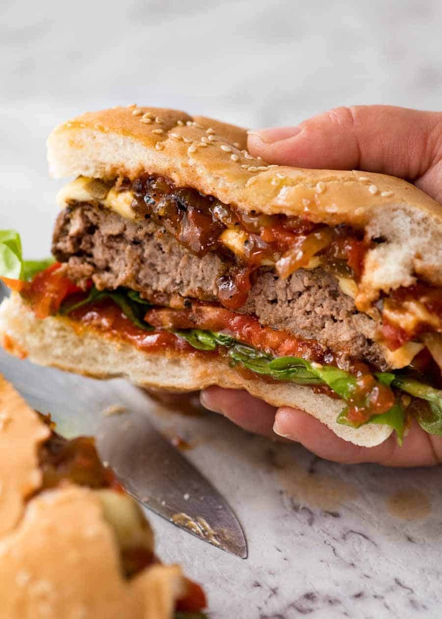 Showing the juicy inside of a beef Hamburger