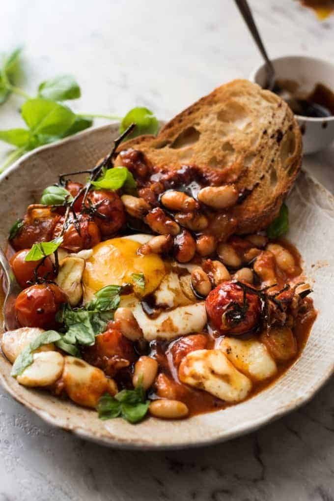 Caprese Baked Eggs with toast