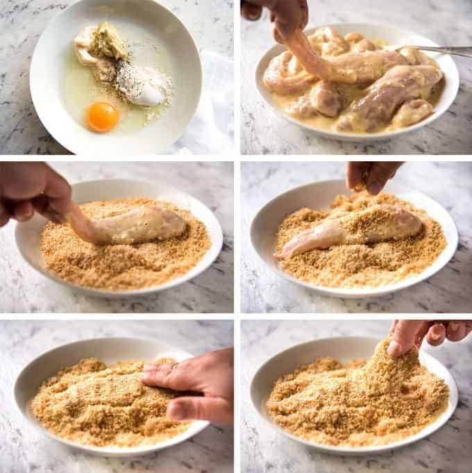 Step photos showing how to dredge and coat chicken in breadcrumbs.