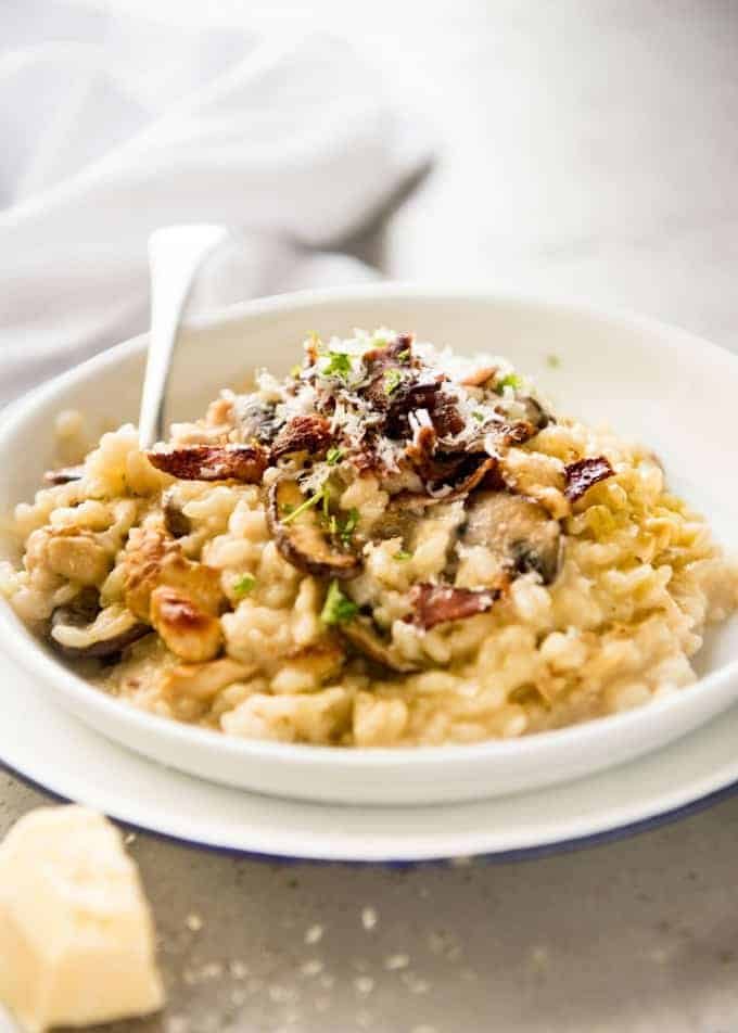 Chicken and Mushroom Risotto - Creamy risotto with golden brown sautéed mushrooms and chicken. Easy, perfectly seasoned and beautifully creamy! recipetineats.com