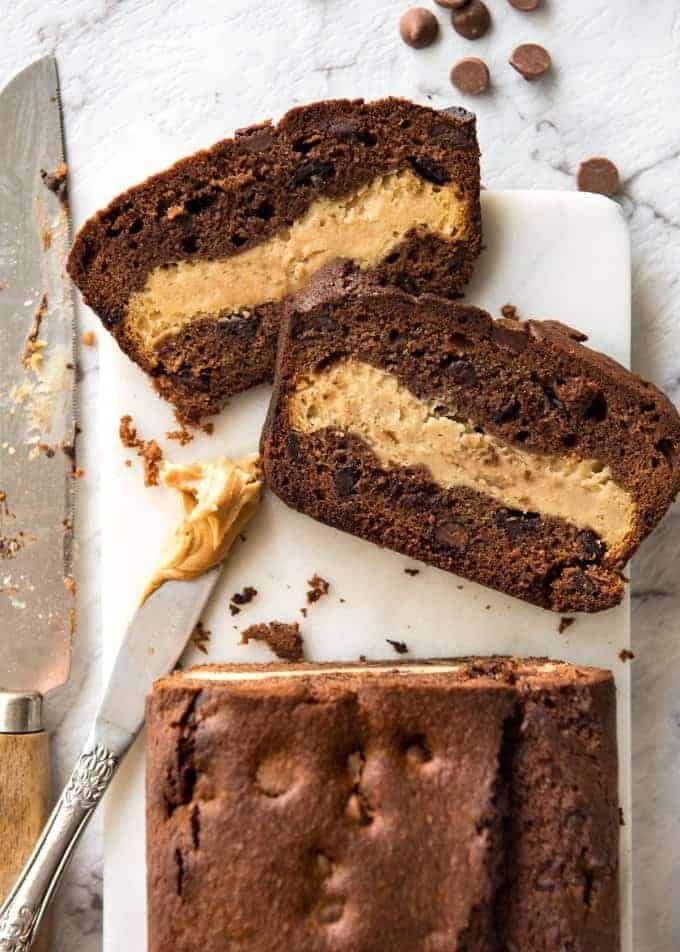 Peanut Butter Cheesecake Stuffed Chocolate Loaf - Moist chocolate quick bread stuffed with creamy peanut butter cheesecake. It's your dream come true! recipetineats.com