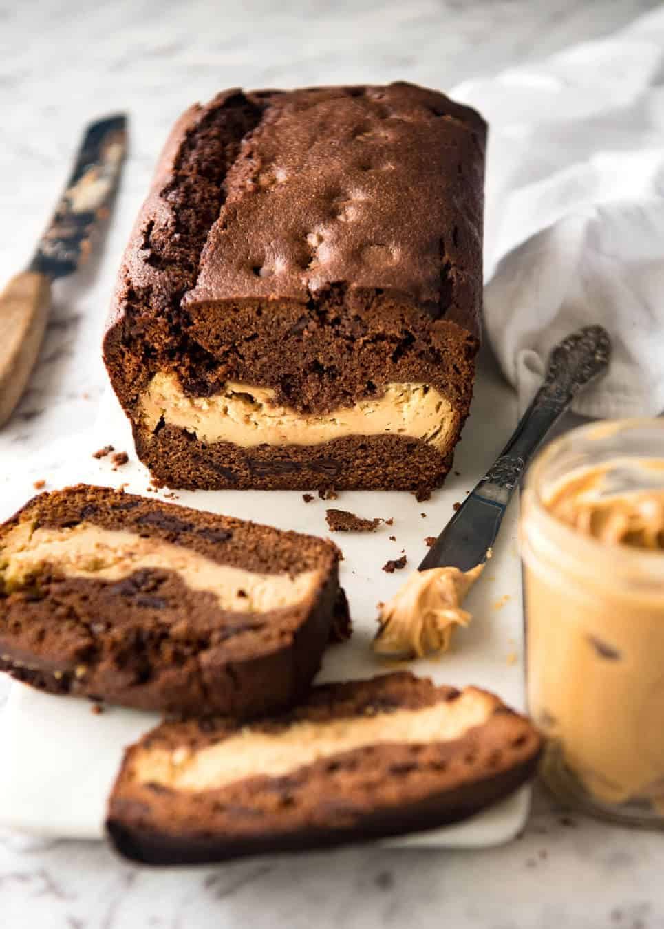 Peanut Butter Cheesecake Stuffed Chocolate Loaf - Moist chocolate quick bread stuffed with creamy peanut butter cheesecake. It's your dream come true! recipetineats.com