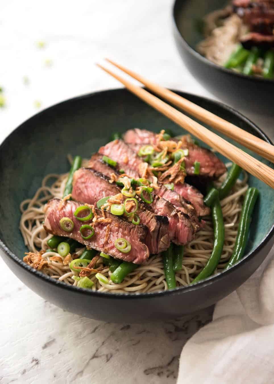 Beef Soba Noodles with chopsticks