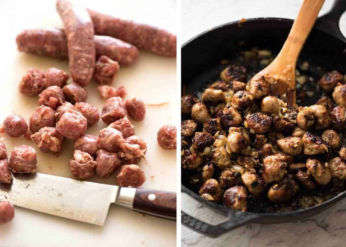 Chopped and cooked Italian Sausages for Sausage Pasta recipetineats.com