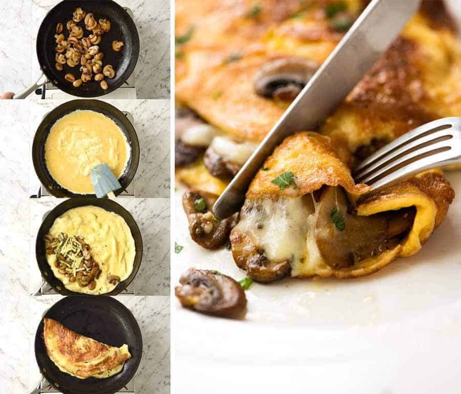 Preparation steps for an omelette with garlic butter mushrooms