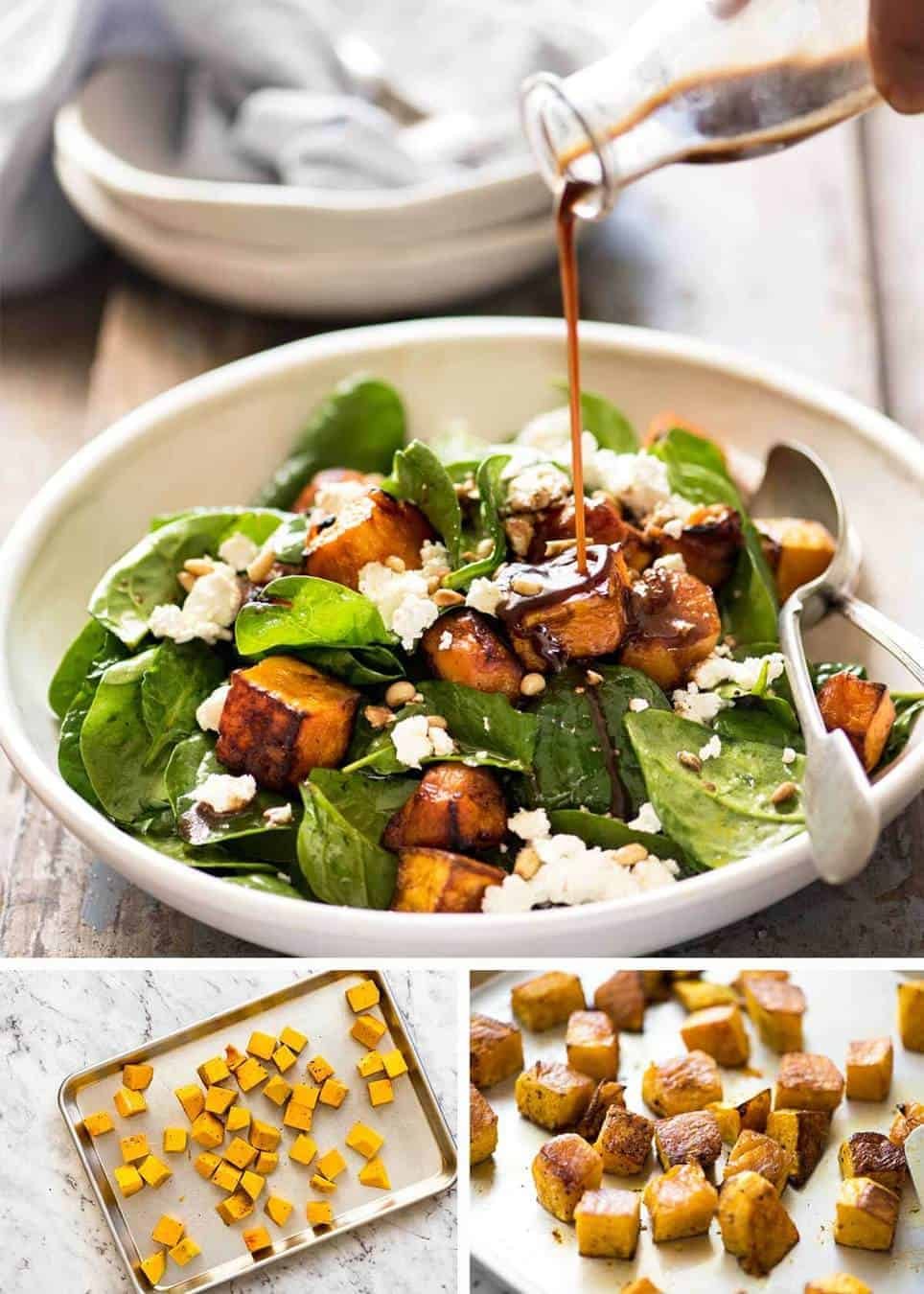 This Roast Pumpkin, Spinach and Feta Salad with a Honey Balsamic Dressing is a magical combination. Terrific side or as a meal. www.recipetineats.com
