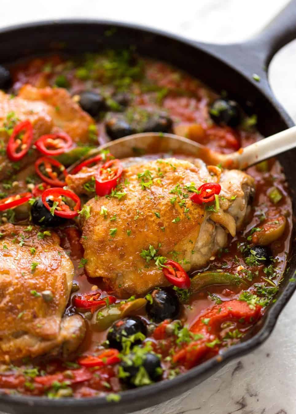 A hearty Italian Chicken Casserole with crispy chicken, capsicum / bell peppers, olives and capers. Sicilian style! www.recipetineats.com