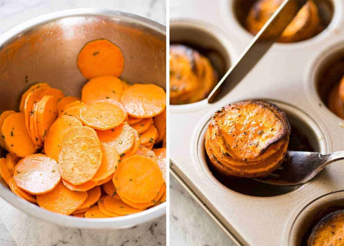 These Roasted Sweet Potato Stacks have crispy edges, are buttery, salty and sweet with a hint of rosemary. Terrific Sweet Potato side dish! recipetineats.com