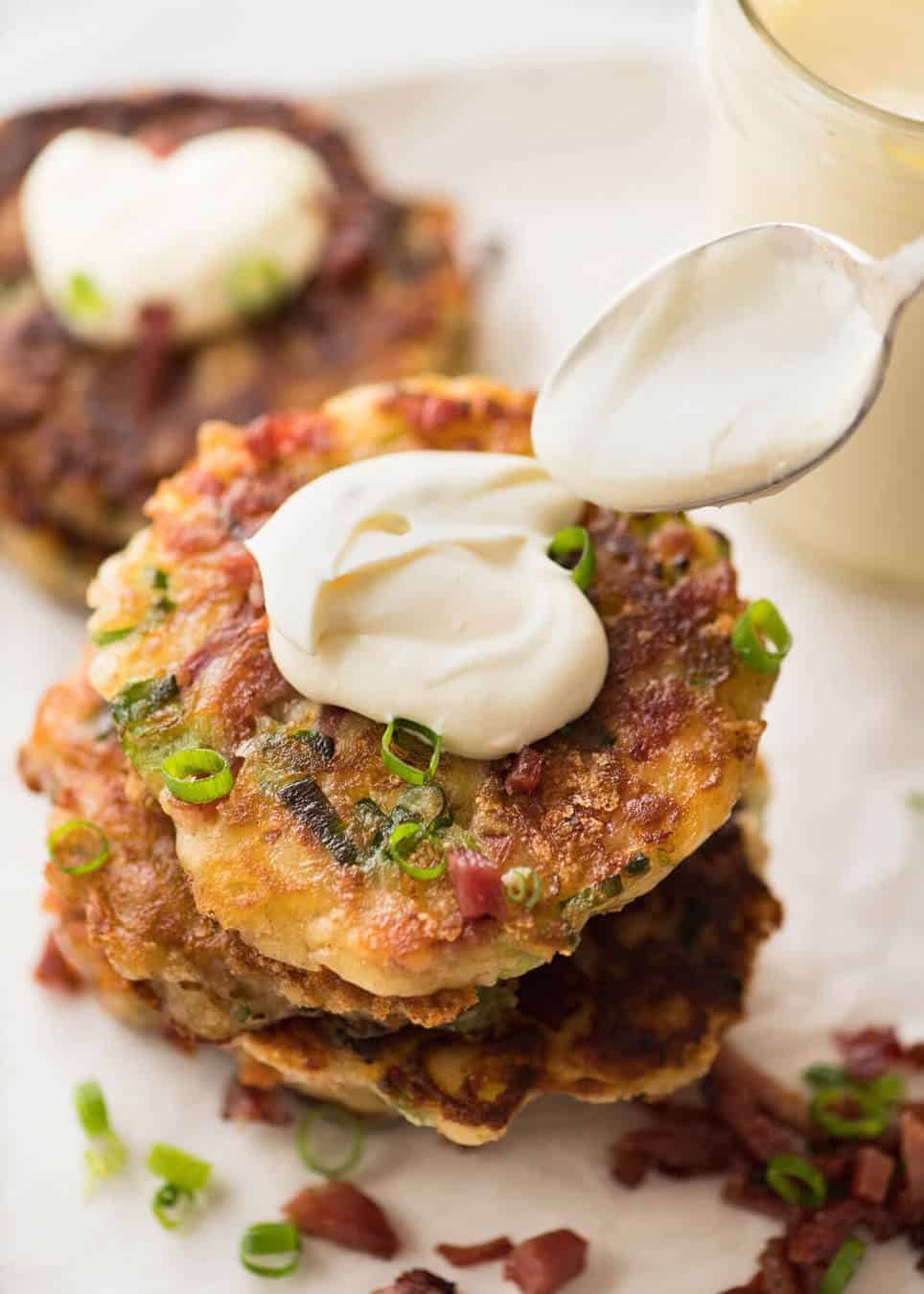 Cheese and Ham Pancakes - golden crispy cheesy outsides, fluffy insides with pops of ham (or bacon). These are epic! www.recipetineats.com