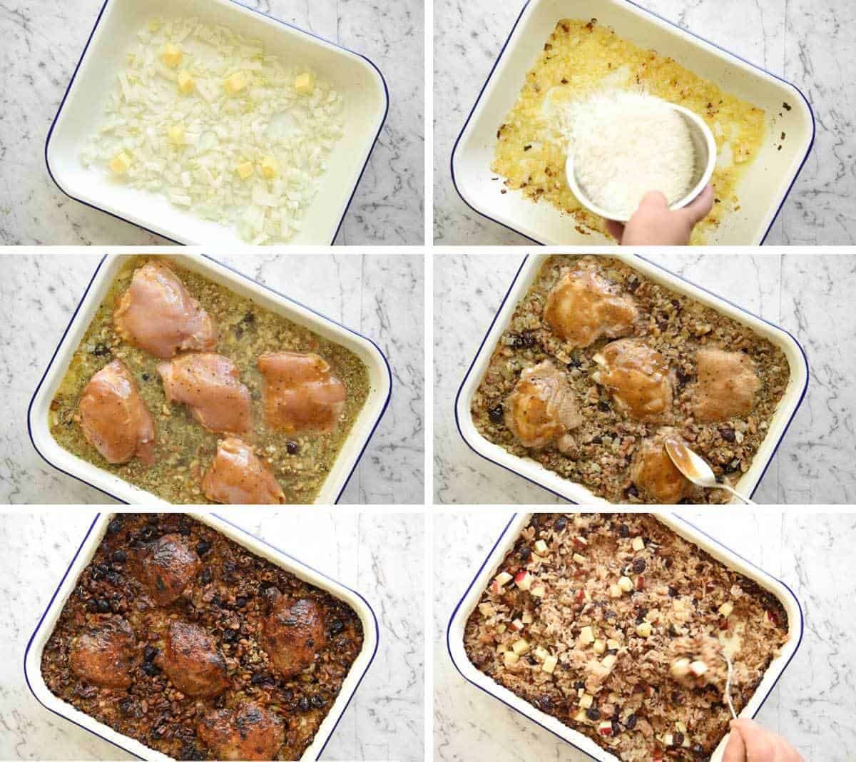 A flavour loaded one-pan, quick midweek dinner - Baked Chicken and Rice Pilaf with Cranberries, Walnuts and Apple. The smell when this is cooking is amazing! www.recipetineats.com