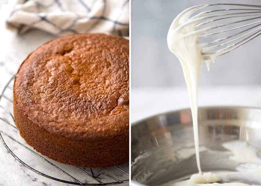 Lemon Cake cooking on a rack and drippy lemon glaze