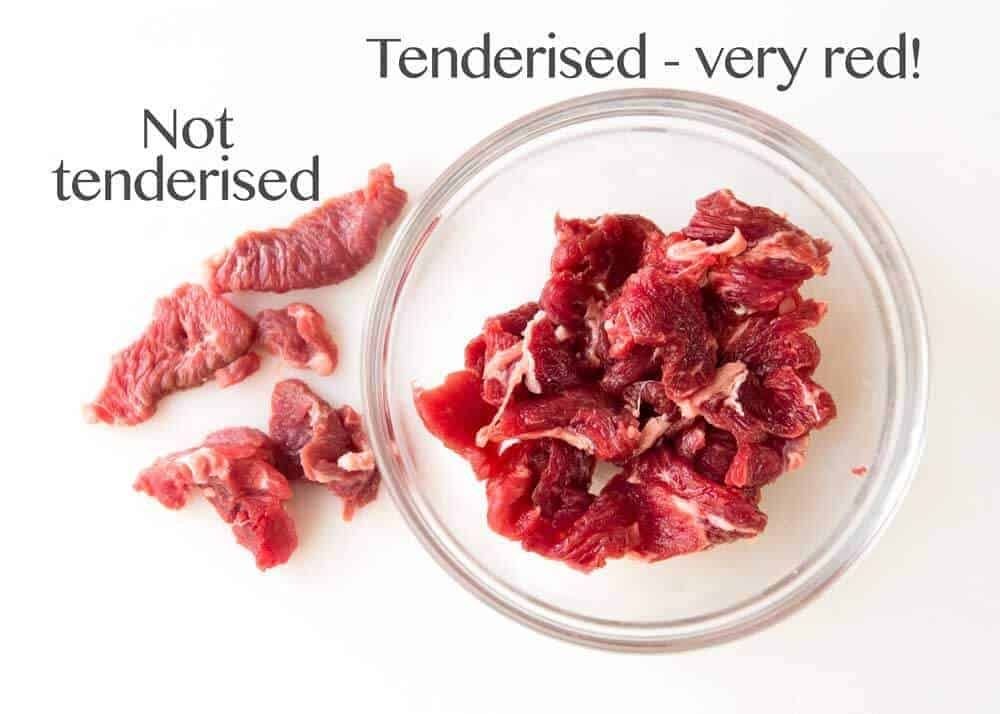 Raw tenderised beef slices in a bowl.