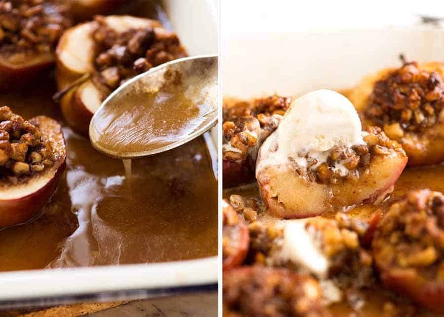 Close up of caramel sauce in a baking dish with Baked Apples