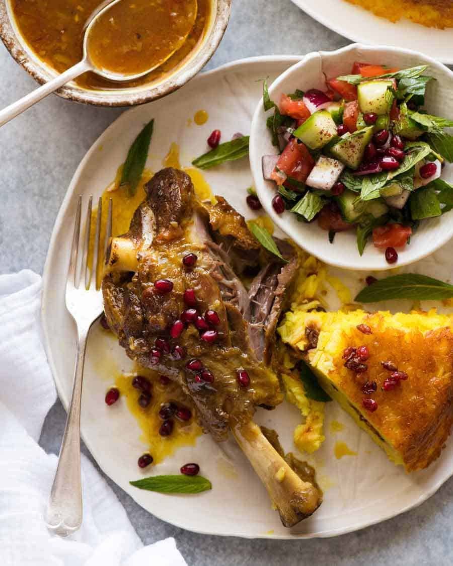 Slow cooked braised lamb shanks in a delicately spiced, well seasoned broth. A beautiful traditional Persian recipe.