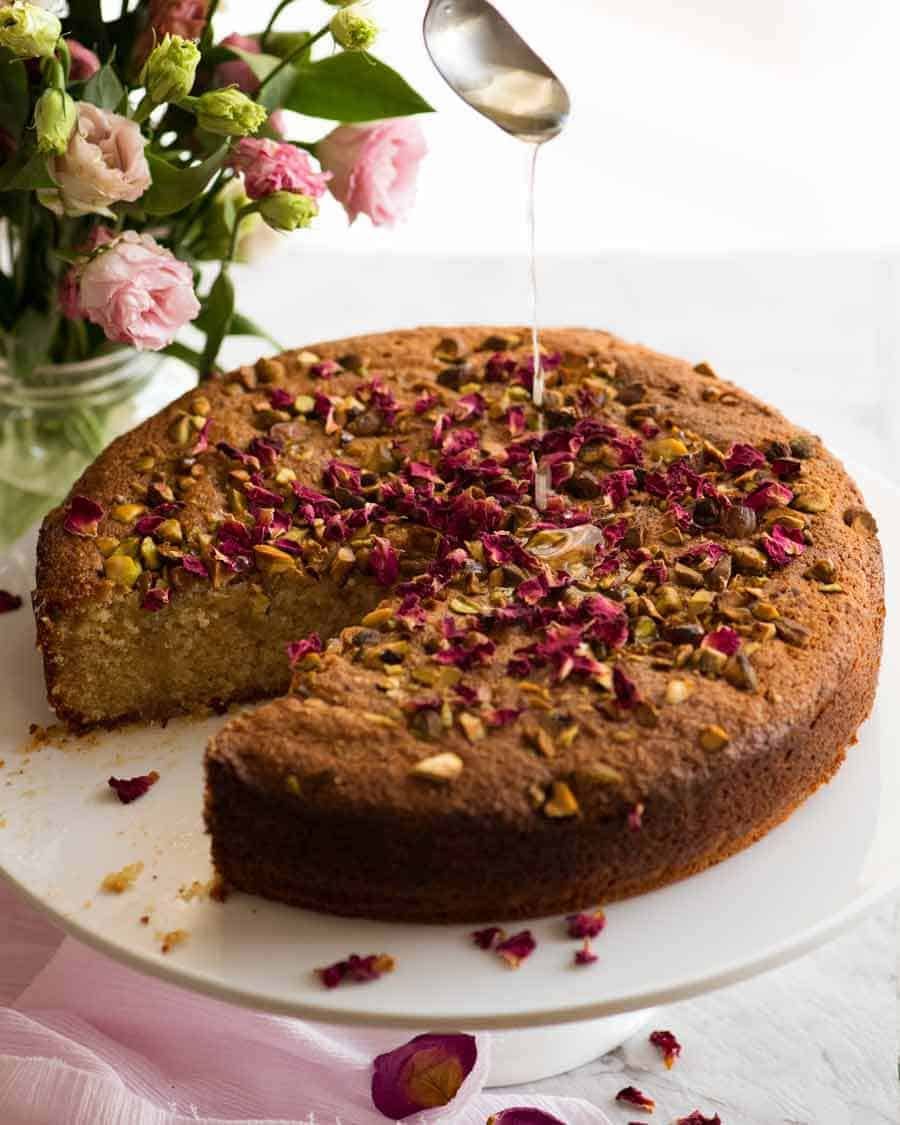 A beautiful Persian Love Cake (gluten free) made with semolina and almond meal soaked with a lemon syrup with a touch of optional rosewater.