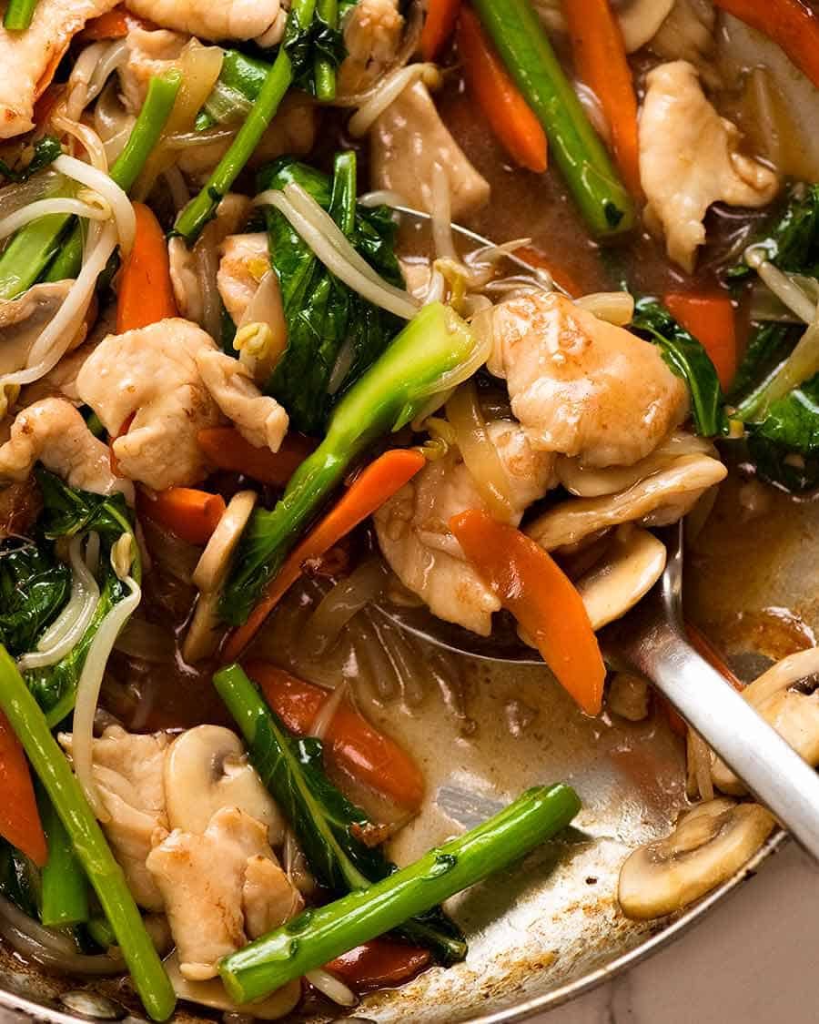 Close up of Chop Suey - Chicken Stir Fry - with plenty of Chinese brown gravy!