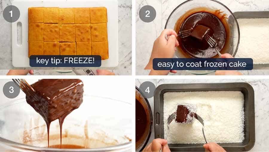 Coating Lamingtons in chocolate and coconut