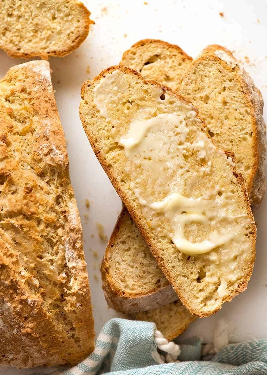 Overhead photo of stack of sliced Irish Soda Bread (no yeast bread)