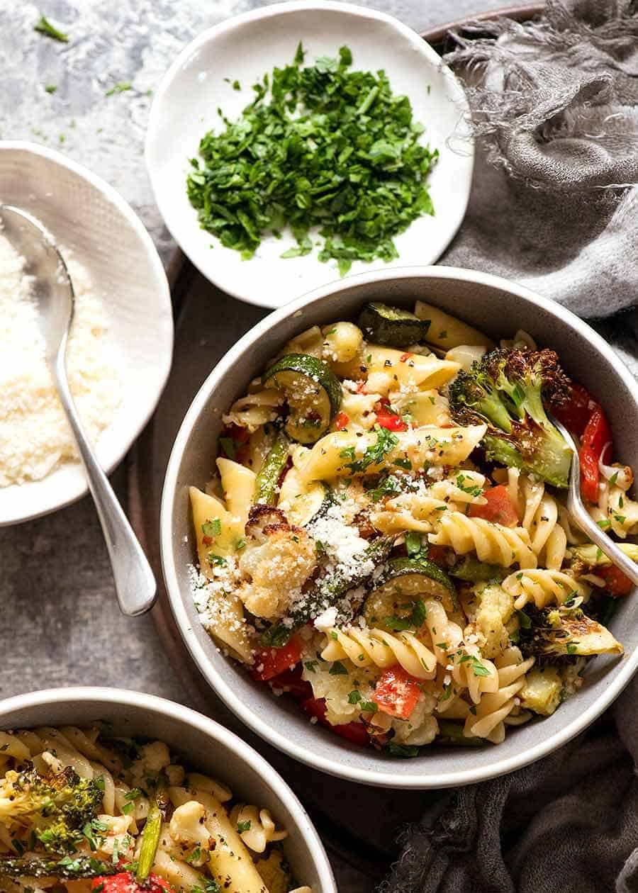 Overhead photo of cold pasta salad made with roasted vegetables