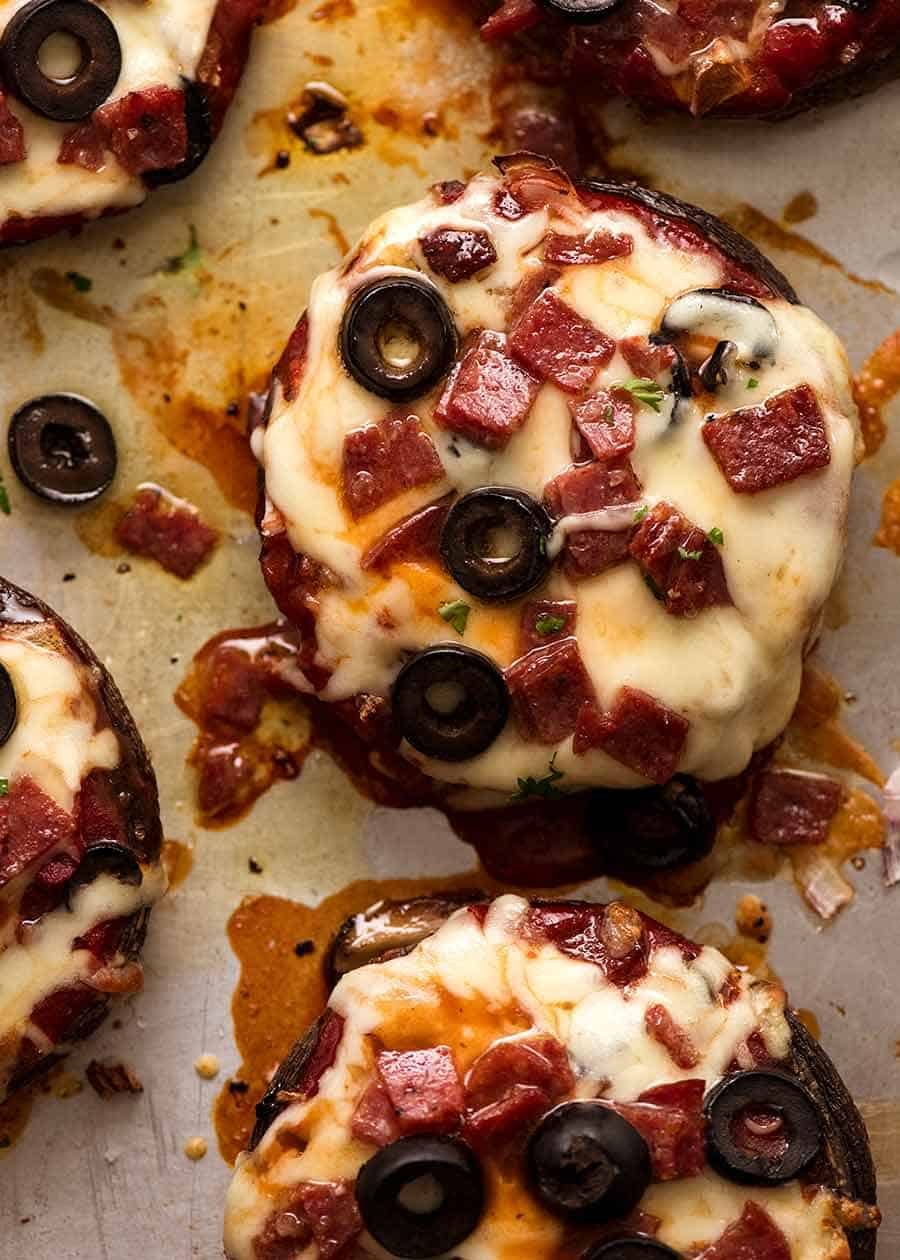 Overhead photo of Pizza Stuffed Mushrooms, fresh out of the oven