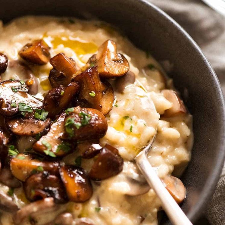 Bowl with creamy Mushroom Risotto, ready to be eaten