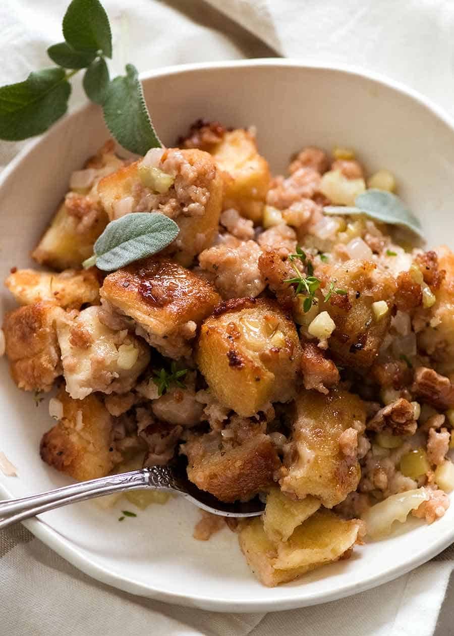 Sausage Stuffing in a bowl, ready to be eaten