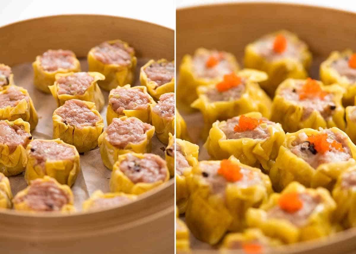 Photo of raw and cooked Siu Mai (Chinese steamed dumpling) dipped in sauce