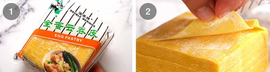 Egg Wonton wrappers for Siu Mai (Chinese steamed dumpling) dipped in sauce