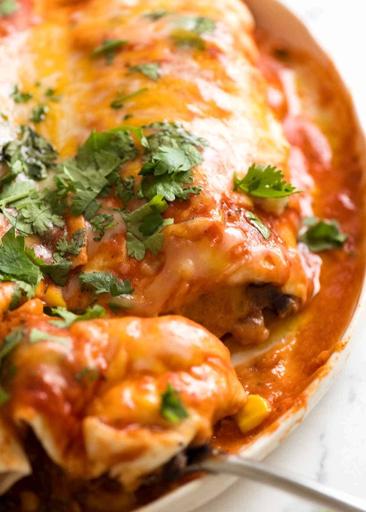 Close up of Chicken Enchiladas showing juicy inside