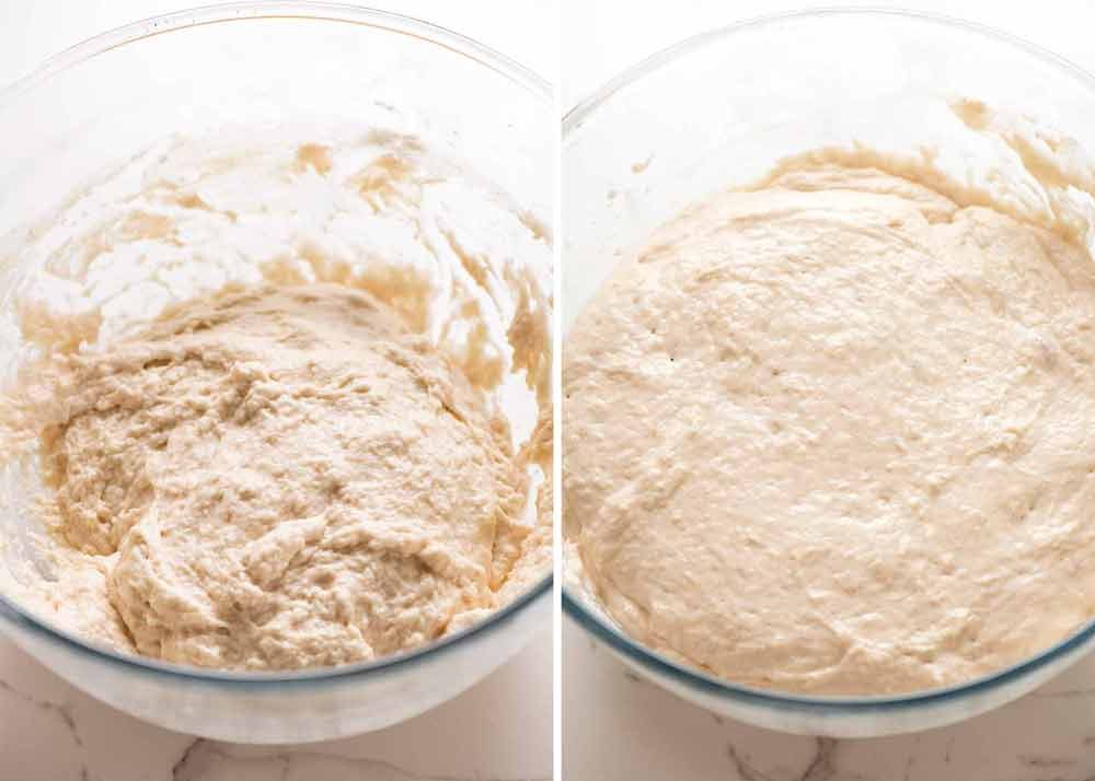 Before and after dough rising for no knead bread - crusty artisan style