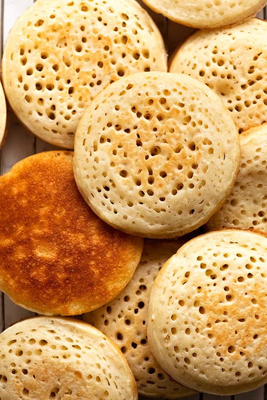 Overhead photo of homemade crumpets