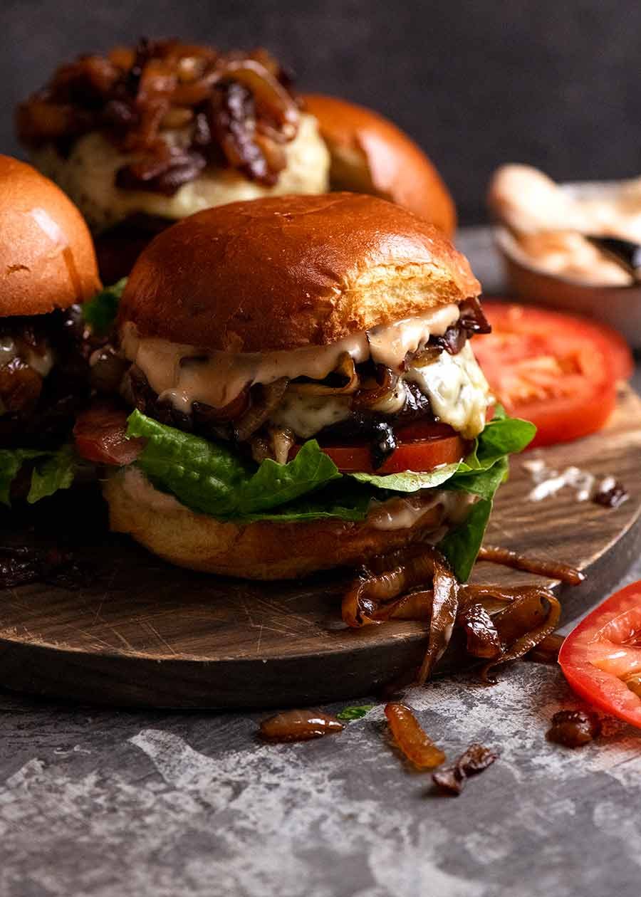 Swiss Mushroom Burgers ready to be eaten