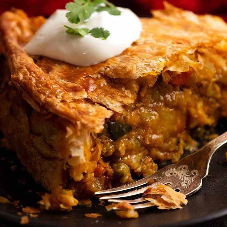 Close up of vegetarian Samosa Pie