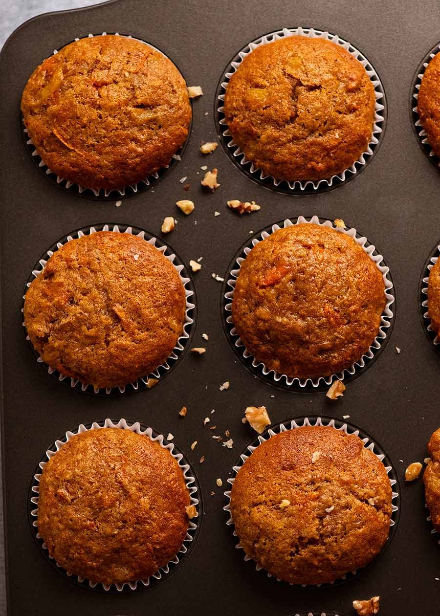 Overhead photo of Carrot Cake Cupcakes with Cream Cheese Frosting