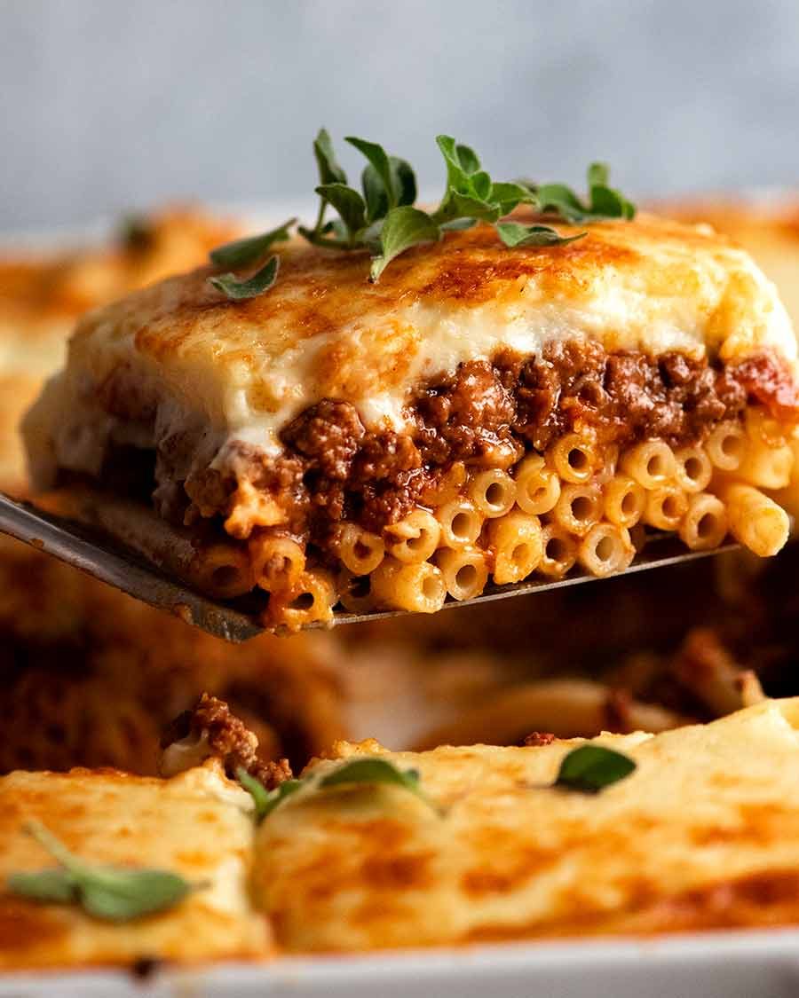 Serving a slice of Pastitsio, Greek Pasta Bake