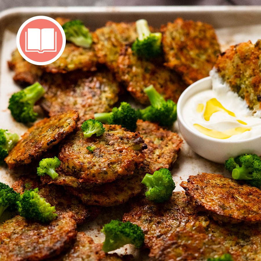 Close up of freshly baked tray of Cheesy Baked Broccoli Fritters