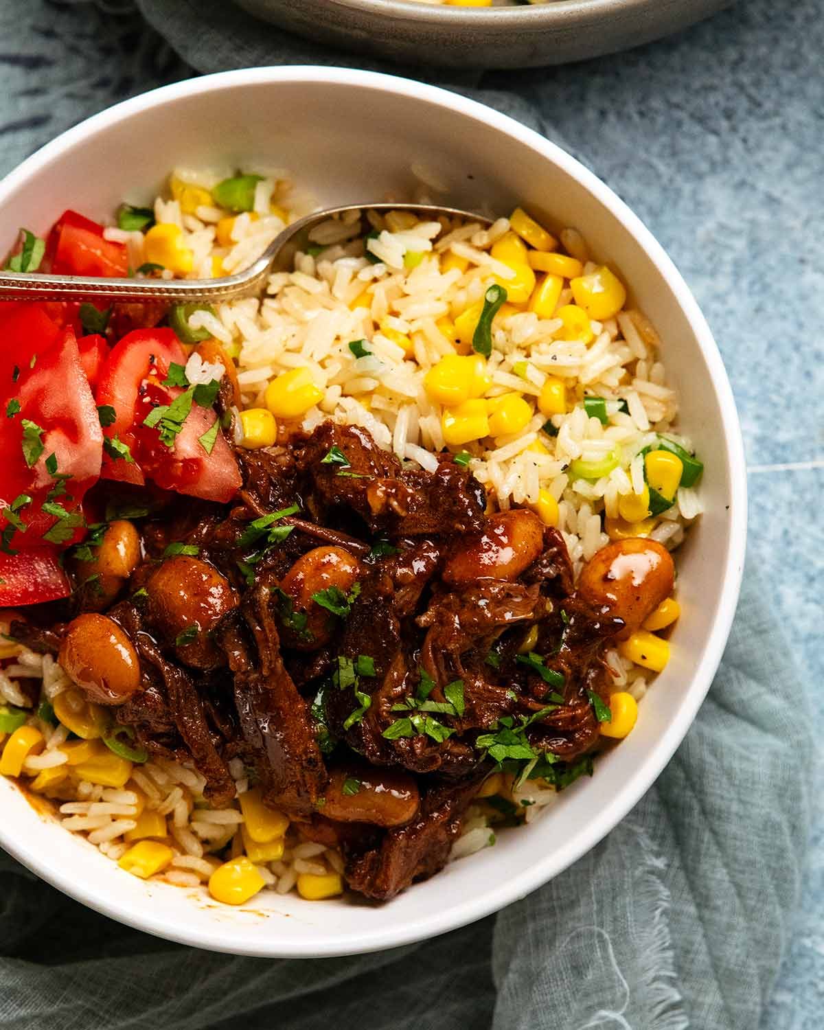 Hot Buttered Corn Rice with Chipotle Pulled Pork and Beans