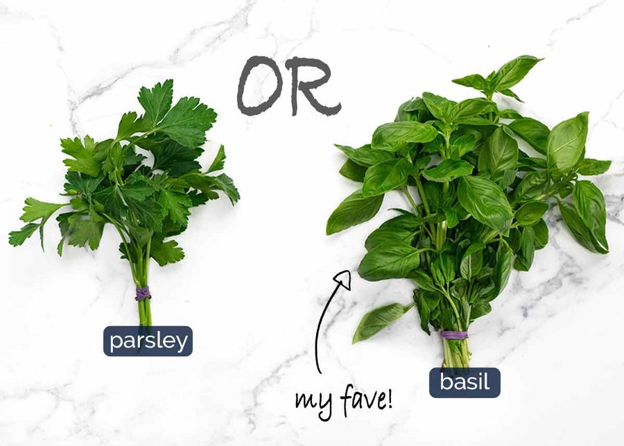 Basil or parsley for Roasted Red Pepper Goat Cheese Risoni / Orzo